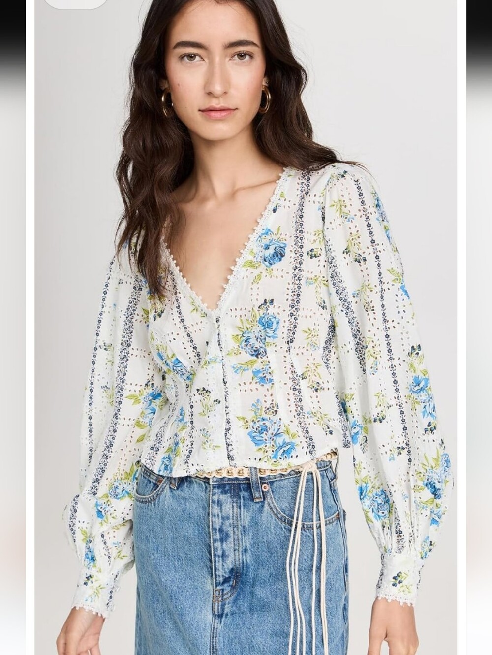 FREE PEOPLE Printed Blossom Floral Eyelet Top Bright White Combo M NWOT SRP$128